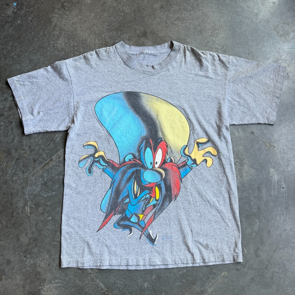 Vintage 1994 Yosemite Sam Looney Tunes Big Face Graphic Shirt Gray Mens L 22x29